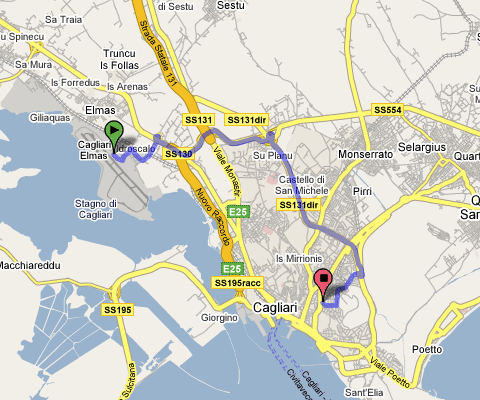 Mappa del percorso dall'aeroporto Elmas di Cagliari a Piazza della Repubblica, 18